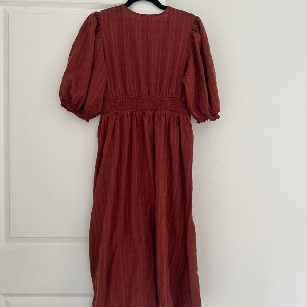 Old Navy women’s Fit & Flare Puff-Sleeve orange rust colored Midi Dress LARGE - Picture 3 of 5